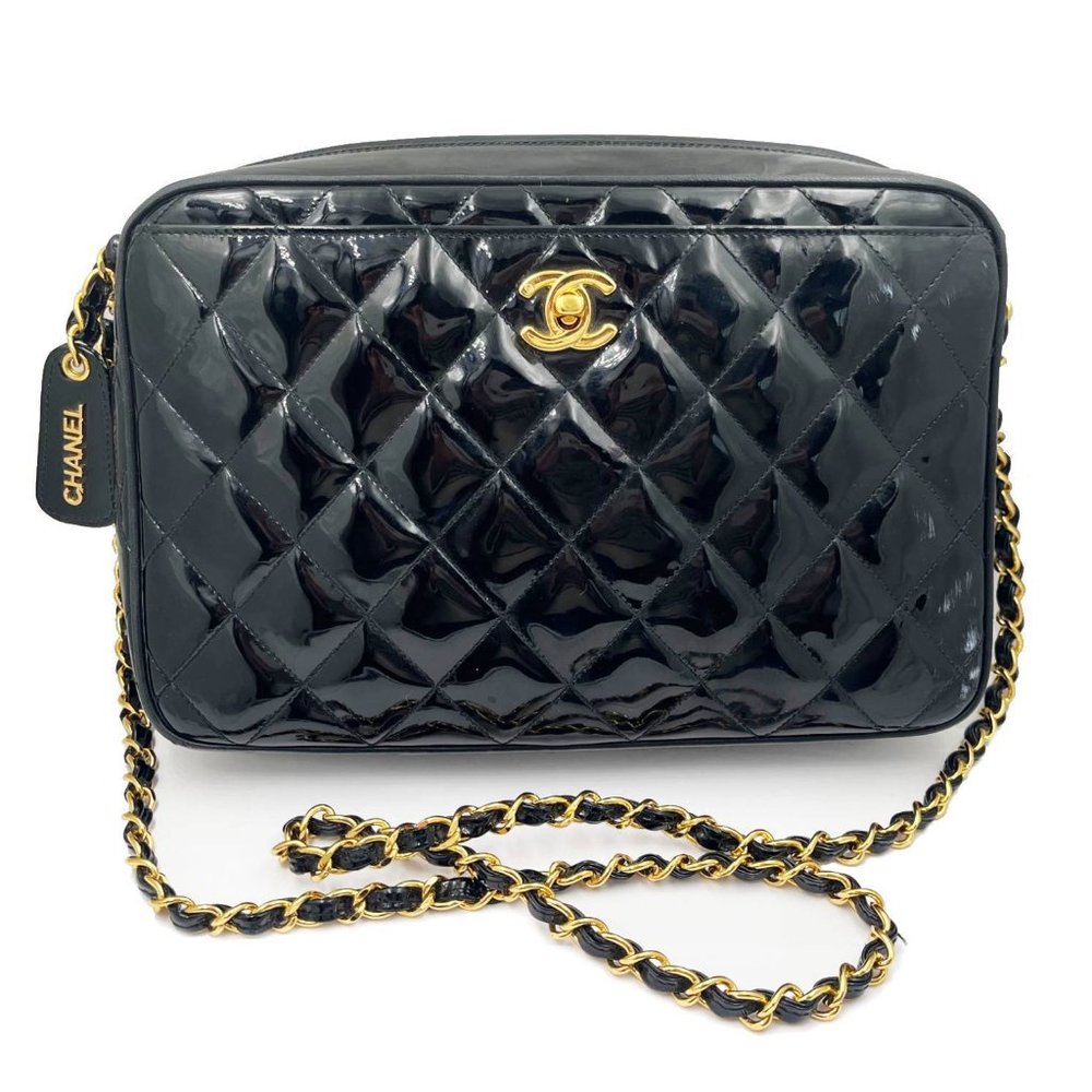 Chanel Black Quilted Patent Leather Camera Crossbody Bag
